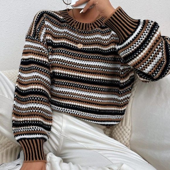 casual striped lantern sleeve sweater top - Picture 2 of 7